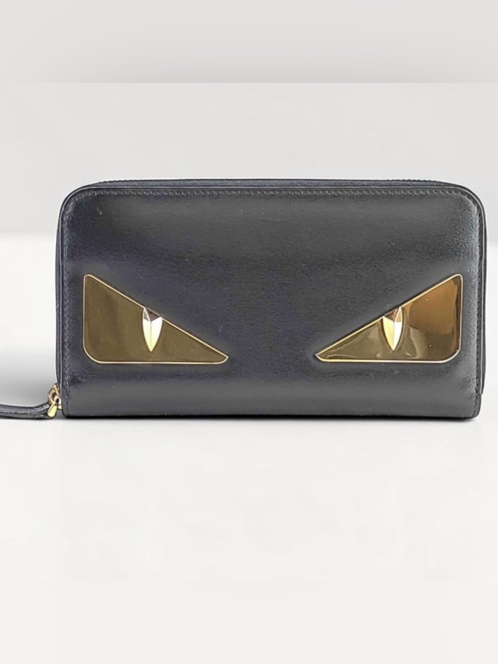 Fendi Monster Eye Bag Bugs Black Leather zip around Continental Wallet Gold